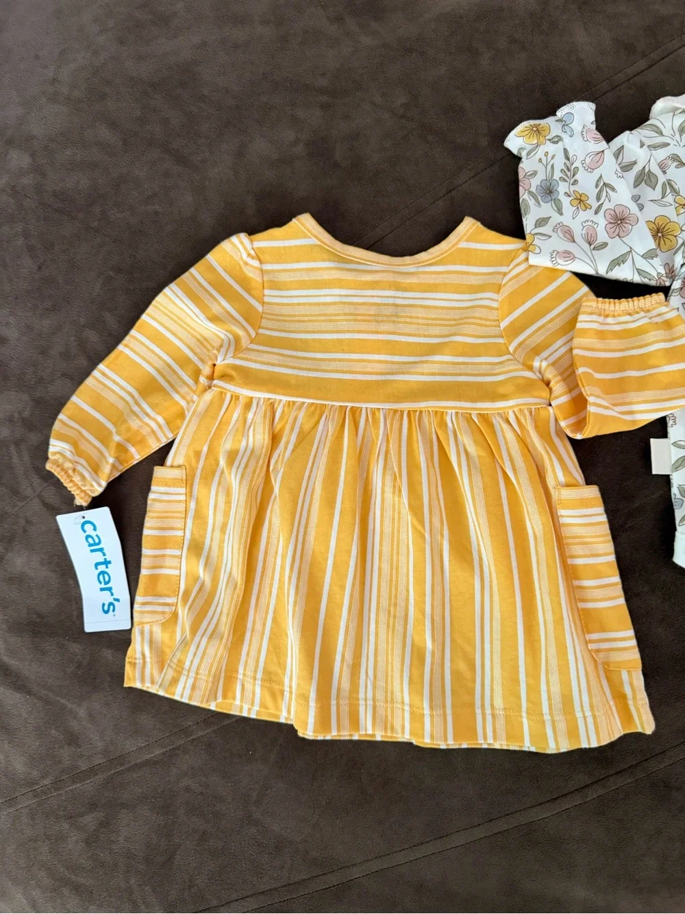 Two pieces Carter’s Yellow Striped Dress AND  Floral Collar Bodysuit